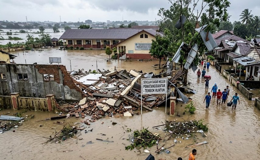 Kondisi banjir dan kerusakan bangunan di Siantar akibat hujan deras 2026